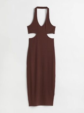 H&M Dark Brown Ribbed Halter Cutout Midi Dress